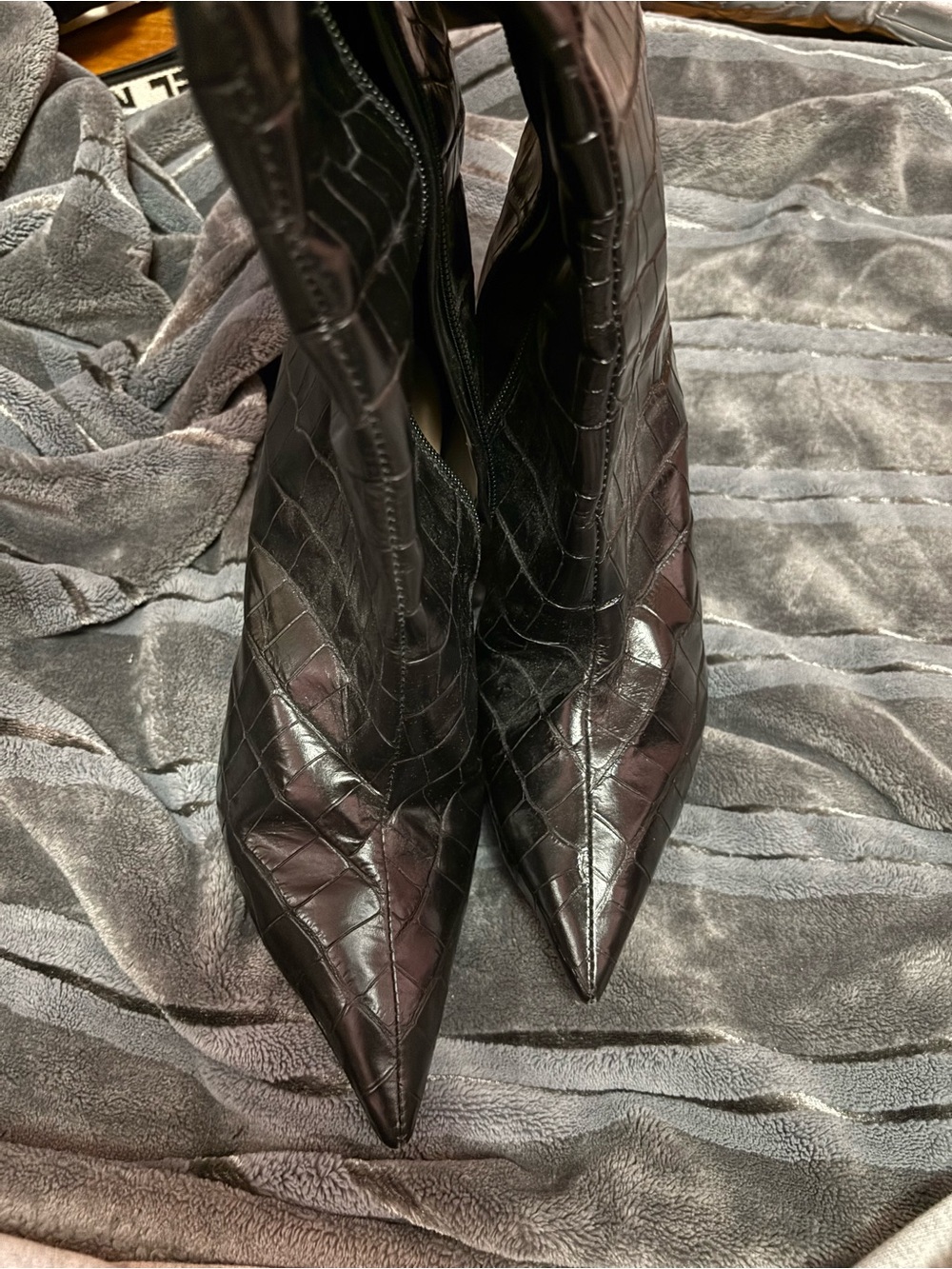 SCHUTZ Black Croc-Embossed Pointed Toe Mid-Calf Boots